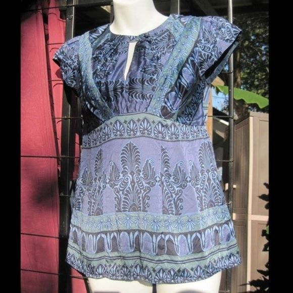 Nanette Lepore 2 Blue Open Chest Accent Blouse Silk Short Sleeve Zipper Back - Picture 12 of 16